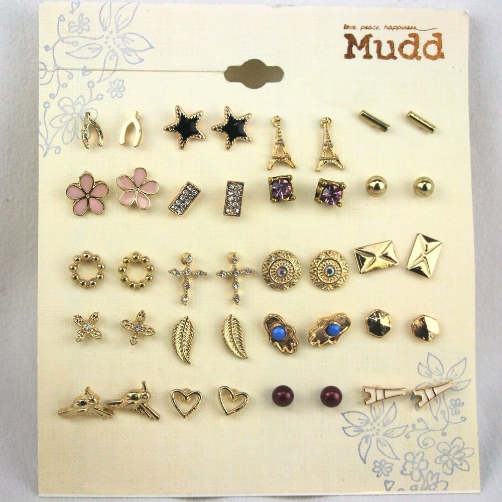 Mudd Earrings 20 Pairs Gold-tone Studs Crosses Flowers Birds Eiffel Stars Etc